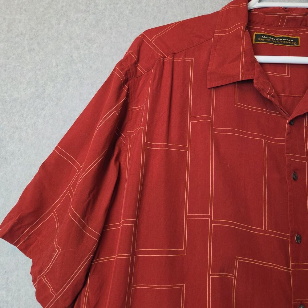 George Foreman 100% Silk Red Geometric SS Casual Button Up Shirt Men's 3XT - Picture 4 of 12